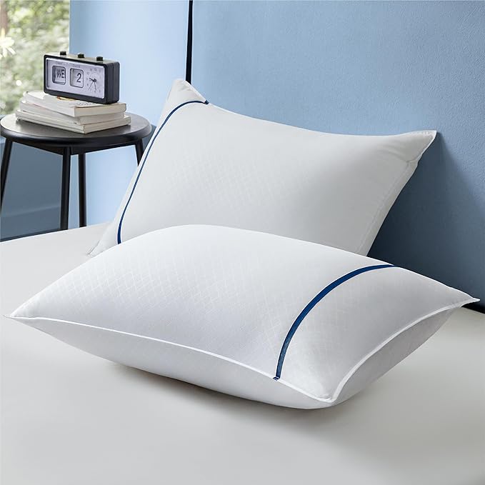 Bedsure Hotel Pillows - Luxury Bed Pillows for Sleeping with Decoration Strip Breathable Cover Soft & Supportive Pillows for Side, Back or Stomach Sleepers (2, Blue, King)