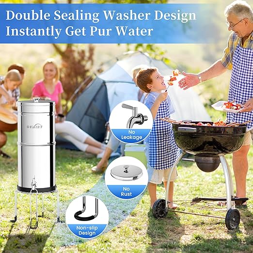 2.25G Gravity Water Filter System, NSF/ANSI 42&372 Standard, 304 Stainless Steel Countertop System with 2 Carbon Filters and Stand, Reduce 99% Chlorine and Lead