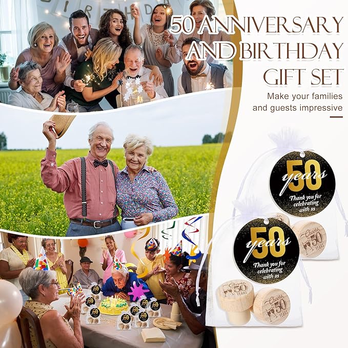 Barydat 50 Sets 50th Birthday Party Favors Wine Bottle Corks Wooden Wine Stopper 50th Anniversary Cheers to 50 Years Thank You Cards Labels Organza Bags Thank You Gifts 50th Birthday Gifts for Guest