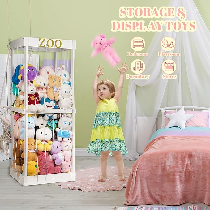 Trycooling Stuffed Animal Zoo Stuffed Animal Storage Wood Plushie Storage Stuffed Animals Zoo Storage Cage with Zoo Pattern Elastic Band for Nursery Play Room Bedroom