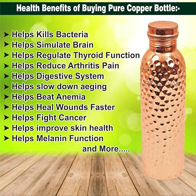 Pure Copper Water Bottle : Original Curved Style : Perfect Ayurvedic Copper Vessel for Sports, Fitness, Yoga, Natural Health Benefits 1000ML(34 OZ)
