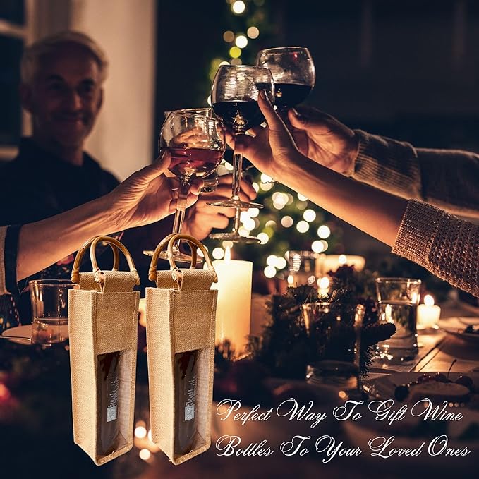 Bulap Wine Gift Bags with Window - 2 Pcs Natural Jute Wine bottle Carrier Bags for Birthday, Wedding, Anniversary, Party, Festival, Christmas Gift (2x Bags for 1-Bottle)