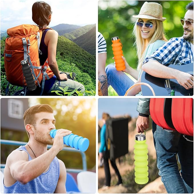 Nefeeko Collapsible Water Bottle, Reuseable BPA Free Silicone Foldable Water Bottles for Travel Gym Camping Hiking, Portable Leak Proof Sports Water Bottle with Carabiner