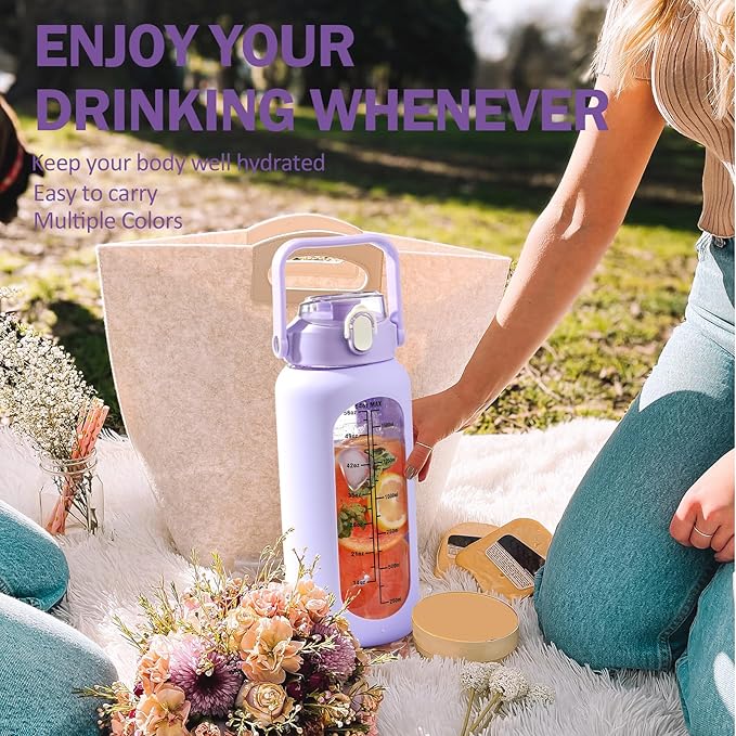 kytffu 64oz Glass Water Bottles with Straw, Half Gallon Motivational Glass Bottle with Silicone Sleeve and Time Marker, 2L Leakproof Large Glass Water Jug for Gym Home Office, Purple