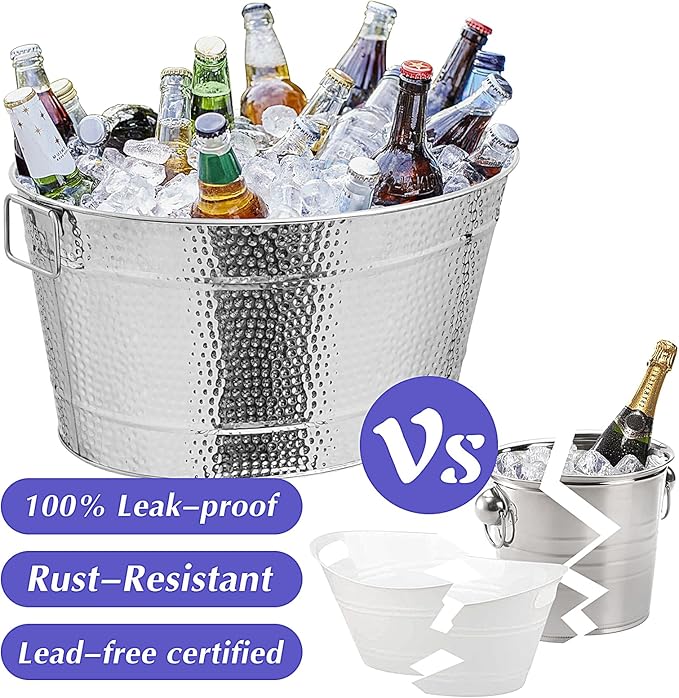 Large Ice Buckets with Handles, IKAYAS Beverage Tub with Scoop and Tongs for Cocktail Bar Mimosa Bar Supplies, Champagne Bucket Beer Bucket, Silver