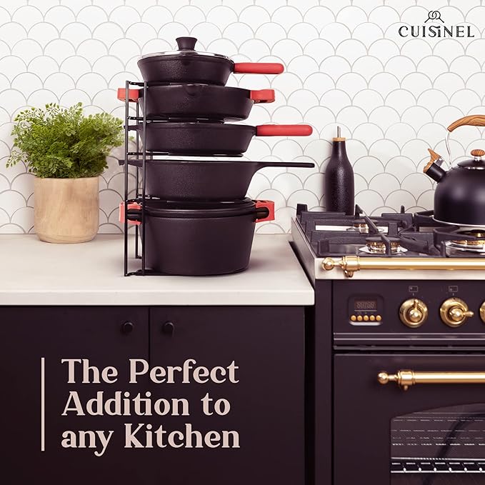 Cuisinel Pan Organizer - Silicone-Coated Non-Slip 15" Heavy Duty Skillet Rack - Kitchen Counter/Cabinet Organization Storage - Cookie Sheet, Cutting Board, Cast Iron Cookware, Pots, Lid Stand/Holder