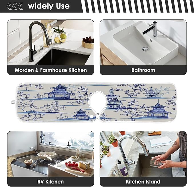 Kitchen Faucet Absorbent Mat, Ink Chinese Pagodas Trees Water Splash Guard for Sink, Faucet Drip Catcher Thicken Sponge Microfiber Faucet Water Catcher Mat Sink Absorbent Mat for Kitchen 23x5in 2Pack
