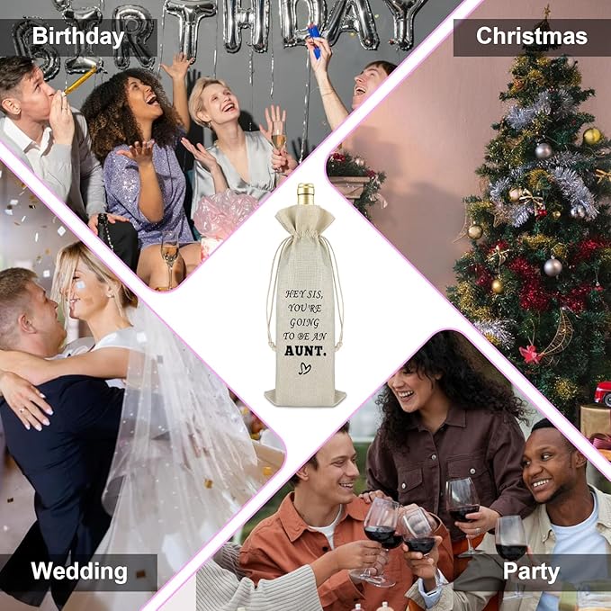 Baby Announcement Gift Aunt Gift for Sister Wine Bag Promoted to Aunt Gift for Women Pregnancy Announcement Gift for Aunt to be Cousins Siblings Cotton Burlap Wine Wrap Bag New Auntie Gift Christmas