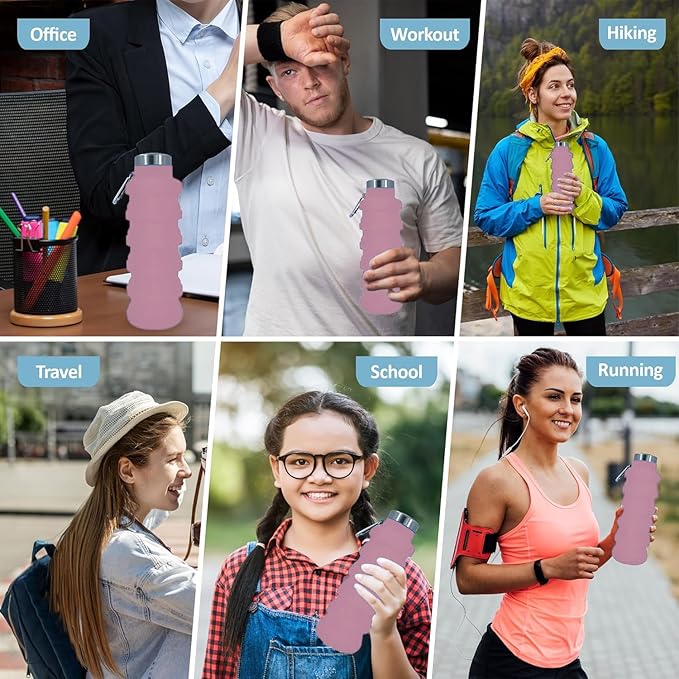 Collapsible Water Bottles 17oz, Odorless BPA-Free Silicone, Leak-Proof Foldable Reusable Bottle - Perfect for Travel Sports Gym Hiking Camping Cycling - Pink