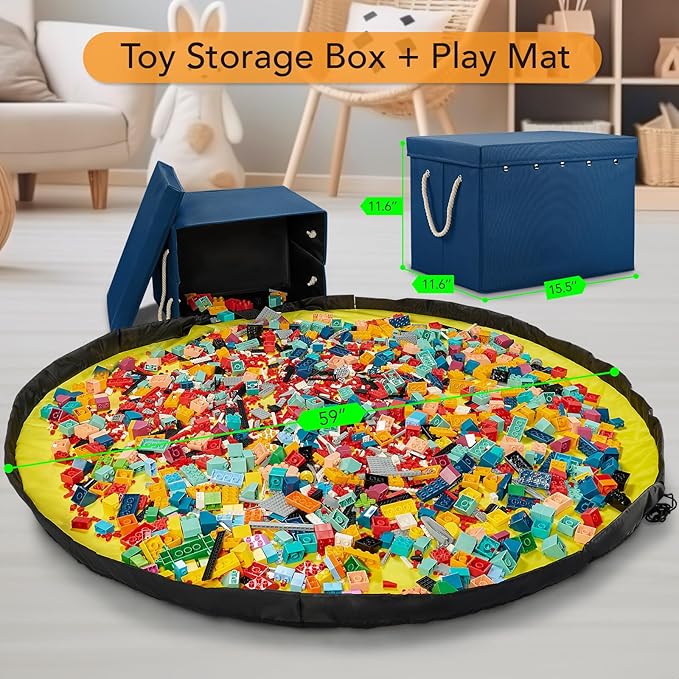 Toy Storage Box + Play Mat for Kids Toy Chest Organizer Kids Toy Storage Organizer Foldable Big Storage Bins with Lids Large Toy Box for Boys Girls Toy Holders for Kids Rooms Nursery(Blue)