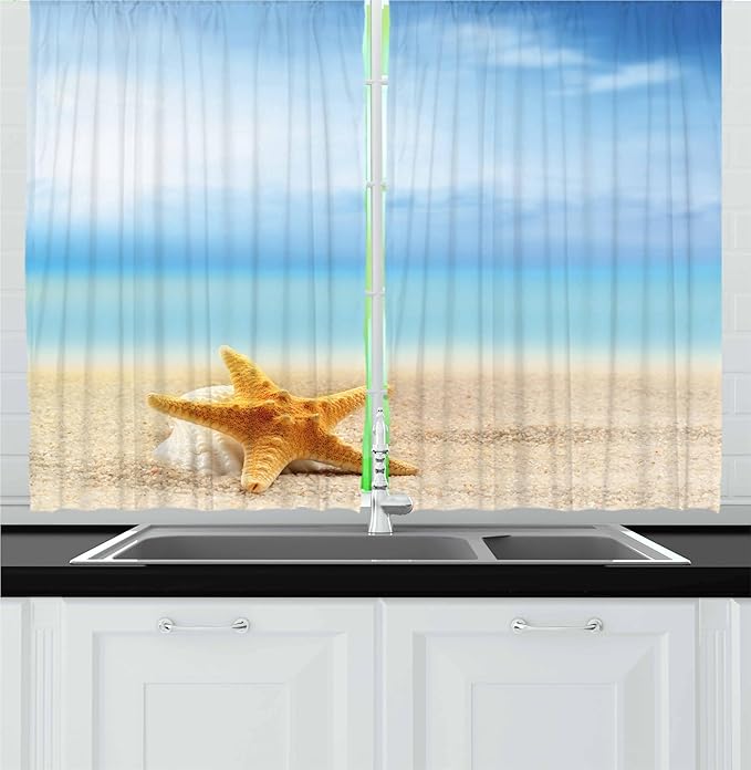 Ambesonne Starfish Kitchen Curtains, Scallop Seashell and Starfish Close up Sandy Beach Idyllic Ocean Backdrop Design, Window Drapes 2 Panel Set for Kitchen Cafe Decor, 55" x 36", Earth Yellow