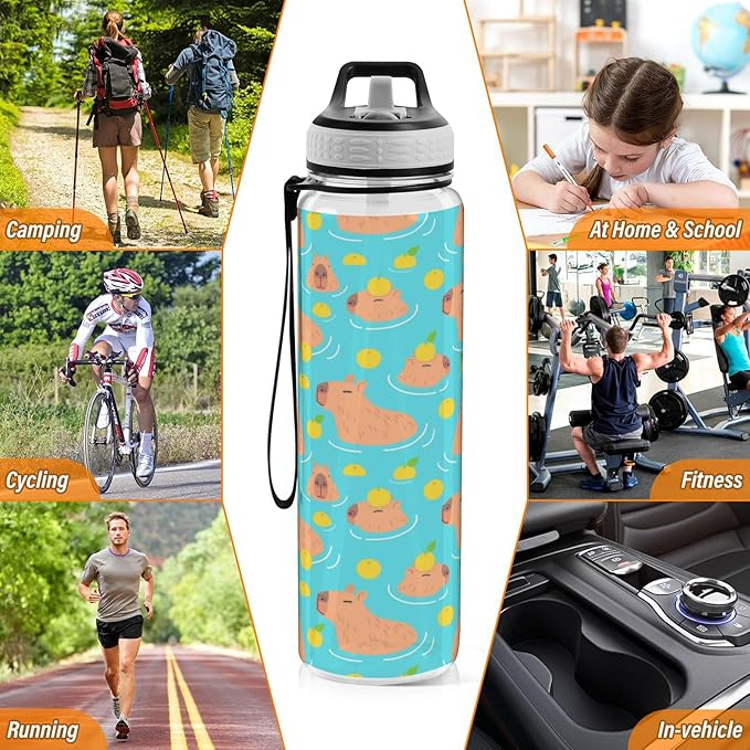 Cute Capybaras Water Bottle with Straw Lemon Sports Bottles BPA-Free Tritan Water Jug with Carrying Strap for Gym Office Outdoor Sports