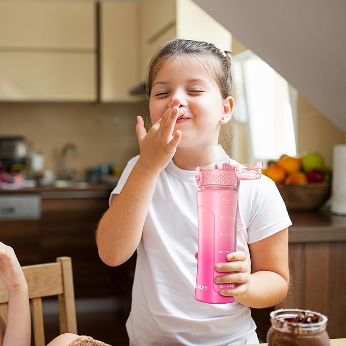 OLDLEY Kids Water Bottle for School with Straw Chug Lid, 15 oz Unbreakable Leak-Proof BPA-Free Motivational Water Bottles with Time Marker for Travel Sports Gym, Pink Purple