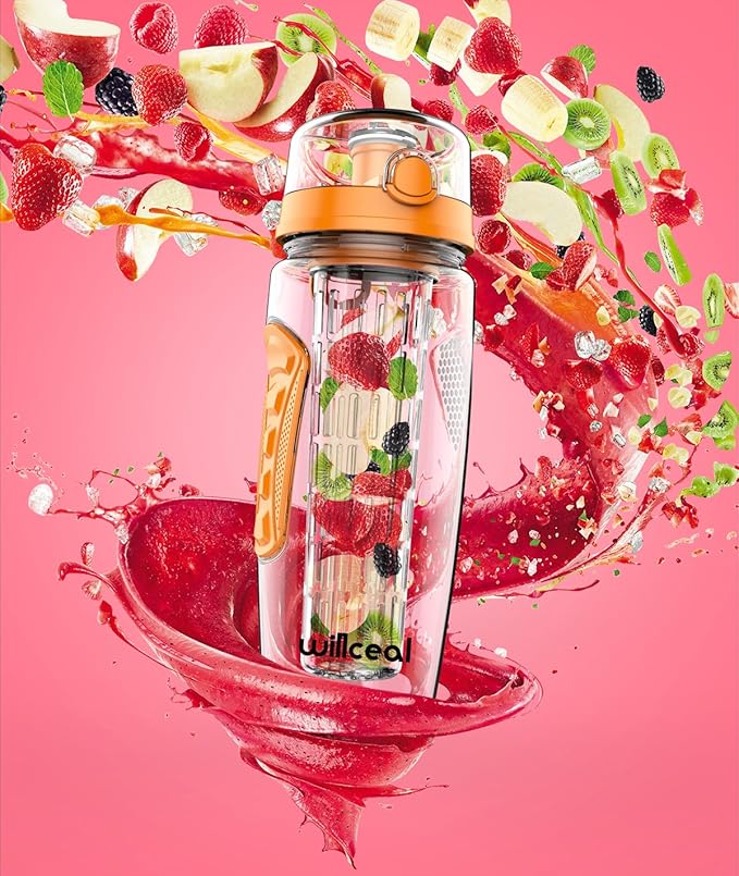Fruit Infuser Water Bottle 32oz- Durable, Large - BPA Free Tritan, Flip Lid, Leak Proof Design - Sports, Camping