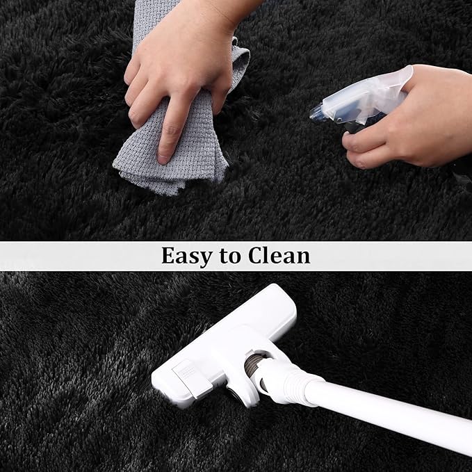 Fluffy Shaggy Area Rug 6x9 for Living Room, Solid Soft Plush Carpet Indoor Modern Thick Fur Rug, Anti-Slip Luxury Shag Rug for Bedroom Nursery Boys Room Office Classroom Dorm, Black
