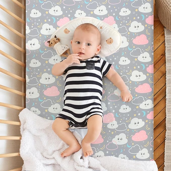 FHMJYHPack n Play Fitted Sheet. 2 Piece Mini Crib Sheet. Elastic Playard Sheet. Portable Sheet Set. Elastic Convertible Playard Set. Compatible with Graco Pack n Play. (Dinosaur Eggs and Cloud Baby)