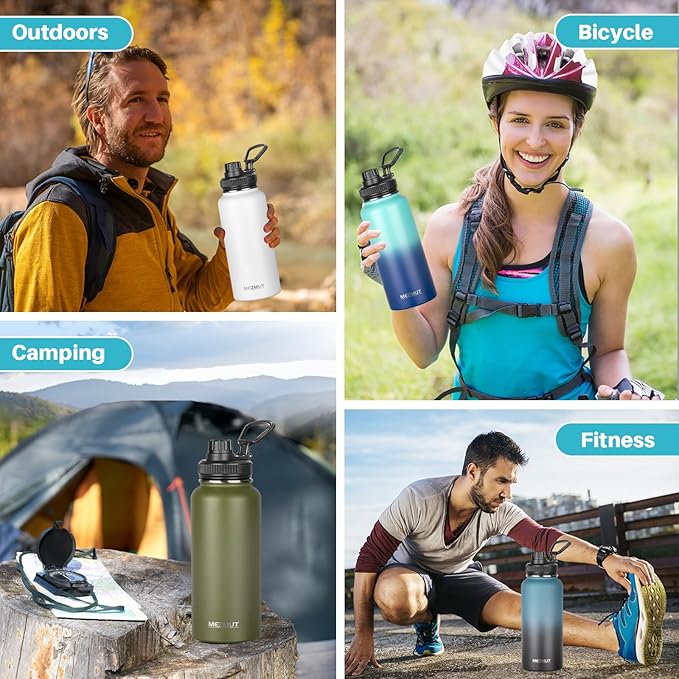 Stainless Steel Water Bottles 32oz Insulated Water Bottle with Straw&3 Lids Double Walled Sports Metal Thermos Water Bottle Cup Leak-Proof Vacuum Insulated Bottles Travel (Army Green)