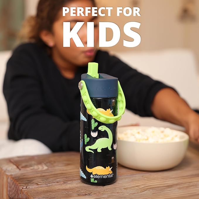 Elemental Leak Proof Water Bottles for Kids - Splash Kids Water Bottle for School with Fun Fidget Pop-it Handle - BPA Free Tritan Plastic Reusable Water Bottle with Straw - Dinosaur - 18oz