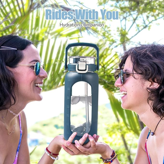 BLUEGO 64 oz Glass Water Bottle, Drinking Water Bottle with Handle and Straw, Half Gallon Motivational Water Bottle with Silicone Sleeve and Time Marker, Sports Water Bottle (Dark Blue)