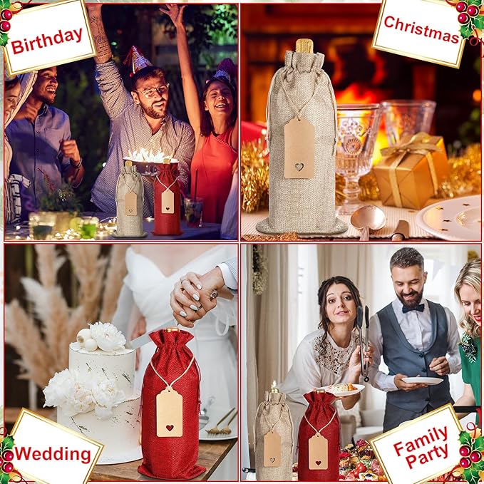 Berlune 72 Pcs Burlap Wine Bags Bulk Wine Bottle Gift Bag for Mother's Day Cloth Wine Bags, Reusable Wine Gift Bags with Drawstrings Tags for Wine Bottles for Holidays Wedding Birthday Party Favors