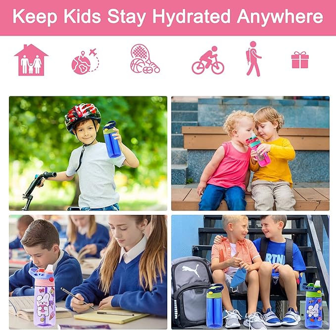 Kids Water Bottle for School 16 OZ Water Bottle with Straw BPA-Free Reusable Leak-proof Water Bottles with One-handed Opening Straw Lids, Anti-dust Spout Cover (PINK)