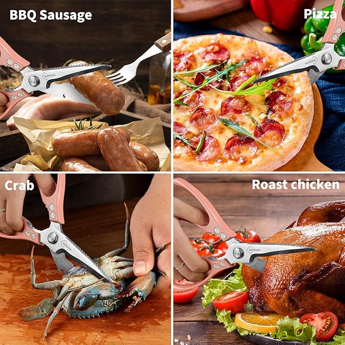 Kitchen Shears for Food Heavy-Duty: Multipurpose Kitchen Shears for Cutting Chicken, Bone, Meat, Food, (9'' Pink)