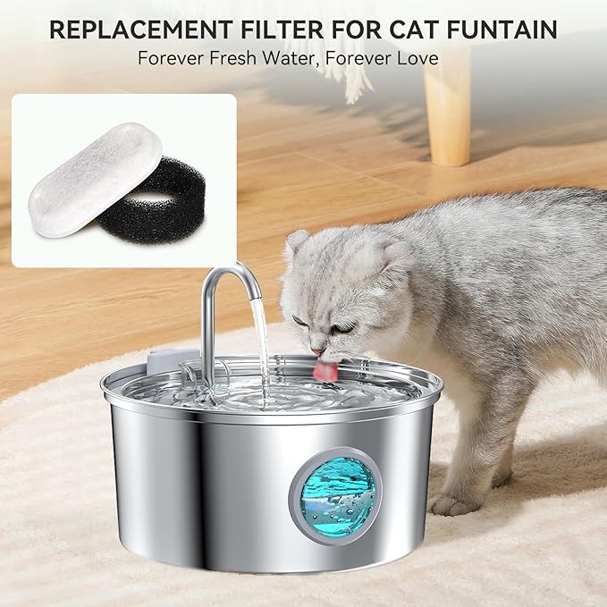Cat Water Fountain Filters, 16 Pack Replacement Files for 67oz/2L&108oz/3.2L Stainless Steel Pet Water Fountain Cat Water Fountain Dog Water Dispenser, 8 Filters&8 Sponges