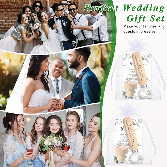 Barydat 36 Sets Wedding Favors for Guests Mr and Mrs Wooden Wine Stopper Cork Beer Bottle Opener with Wedding Thank You Gift Card Organza Bag Wedding Gifts for Engagement Bridal Shower Party Supplies