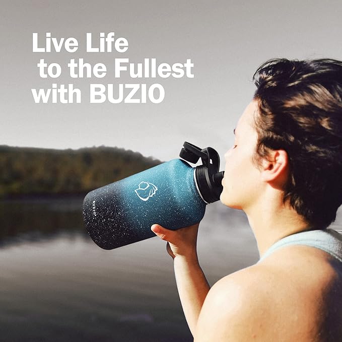 BUZIO Water Bottle with Straw lid, Spout Lid, Hand Lid and Carrying Pouch, 32oz 40oz 64oz Stainless Steel Water Flask Jug, Cold for 48 Hrs Hot for 24 Hrs Double Vacuum Thermo Canteen Mug, BPA-Free