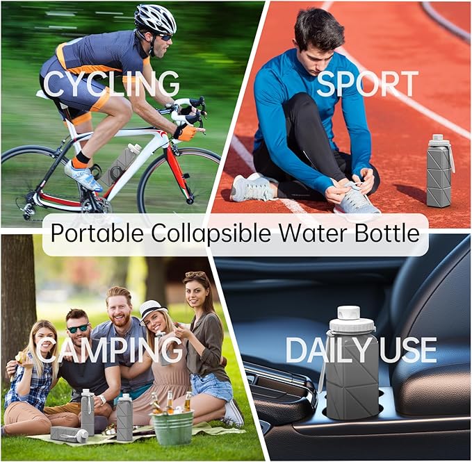 Foldable Water Bottle for Travel Cycling Gym Camping Sports,Leakproof Lid,Food Grade BPA-Free Silicone Travel Bottles 610ml -Lightweight 21oz Portable,Wide Mouth ,Durable,Collapsible Water Bottle