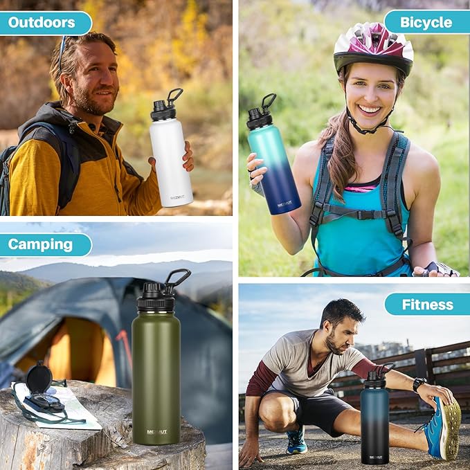 Insulated Water Bottle with Straw&3 Lids 40oz Stainless Steel Water Bottles Sports Metal Water Bottle Double Walled Vacuum Insulated Bottles Thermos Leak-Proof Travel Thermal (Army Green)