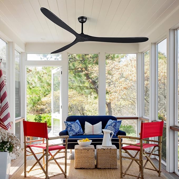 Bigzone 88" Large Black Ceiling Fan With Remote Control, DC Motor Quiet Energy Saving,3 Black Balsa Wood Blades,Outdoor/Indoor Ceiling Fan With Reversible Blades