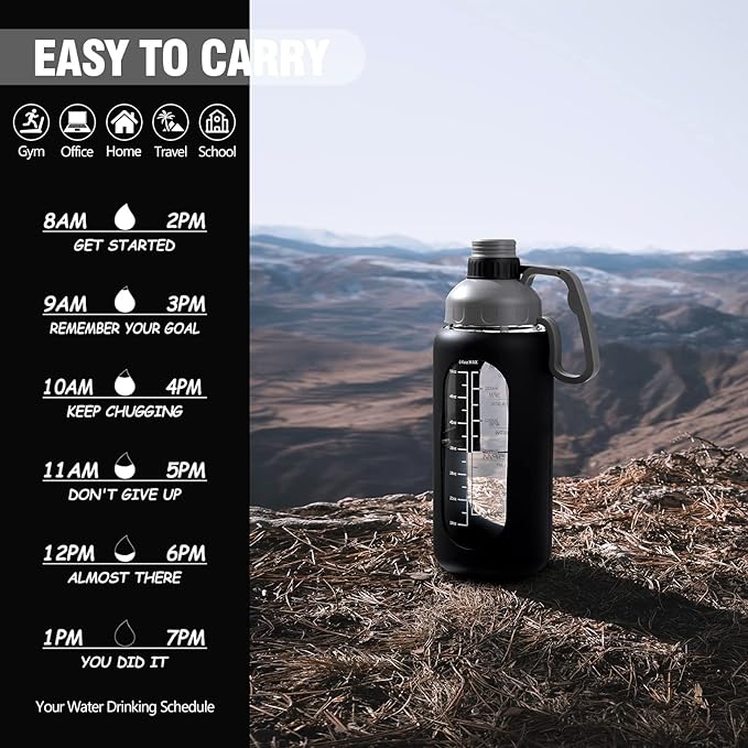 MUKOKO 64oz Glass Water Bottles with Straw, Half Gallon Water Bottle with Time Marker, Motivational Water Bottle with Silicone Sleeves,Large Glass Water Bottle for Gym,Working,Outdoor,Black
