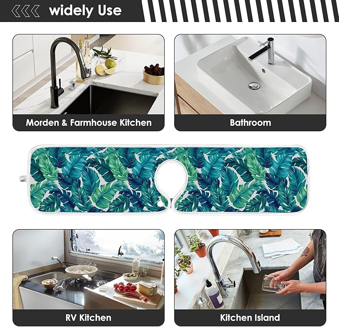 Kitchen Faucet Absorbent Mat,Turquoise Green Palm Leaves Water Splash Guard for Sink, Faucet Drip Catcher Thicken Sponge Microfiber Faucet Water Catcher Mat Sink Absorbent Mat for Kitchen 30x5in 2Pack