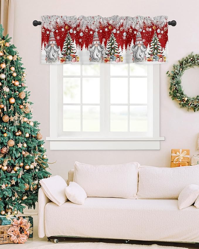Christmas Gnome Valance Curtains for Kitchen Windows Winter Merry Christmas Tree Balls Rod Pocket Window Treatment Toppers for Kitchen/Living Room/Bedroom/Bathroom, 42" X 18", Red