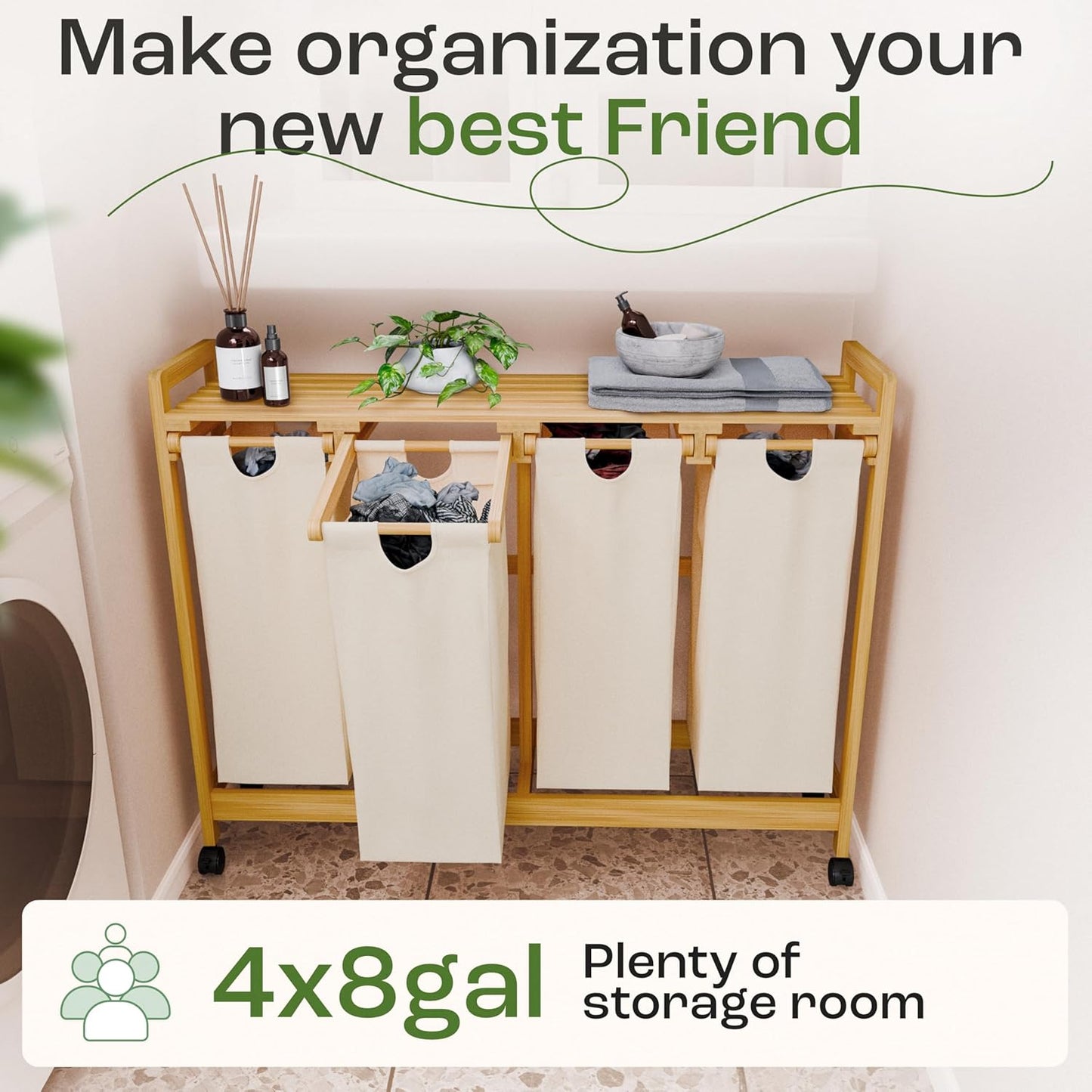 Laundry Sorter with 4 Sections beige, Hamper with Removable Cotton Bags & Wheels โ Perfect Laundry Organizer - Eco-Friendly Rolling Laundry Basket โ Durable Bamboo and Stylish Design