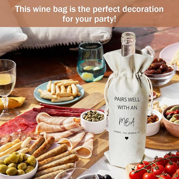 Masters Degree Graduation Wine Gift Bags & Card, Graduation Gifts for Son Daughter MBA College Degrees, 1 pcs Reusable Burlap Wine Gift Bags for Wine Bottles, Graduation Gifts Party Decor Favor -30
