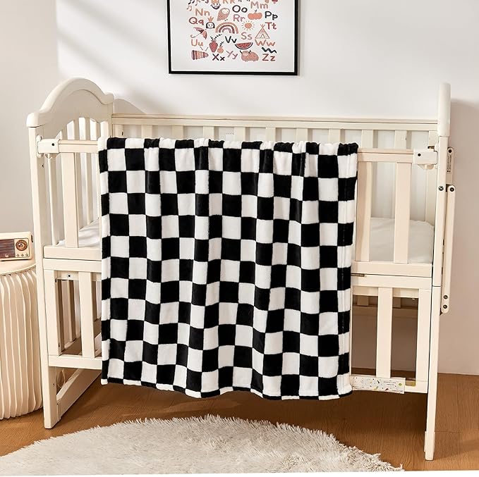 Checkered Baby Blanket Fleece Baby Blankets for Boys Girls, Ultra Soft Cozy Fluffy Infant Toddler Newborn Receiving Blankets for Crib Stroller, 30''x40'', Black