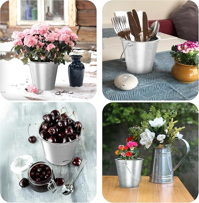 Galvanized Bucket, Metal Buckets with Handle 6 Pcs Leak Proof & Rust Resistant 48 fl oz Capacity - Best for Party Décor, Organizing & Decorating Easter Silver Bucket (Large 6.3" Top)