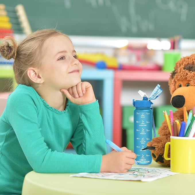 OLDLEY Kids Water Bottle for School, 17 oz (Straw Lid) BPA-Free Reusable Leak-proof Durable Tritan Plastic Water Bottles with One-handed Opening Straw Lids, Anti-dust Spout Cover (Blue)