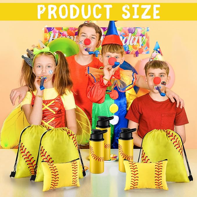 Layhit 134 Pcs Party Favors Set Include Cosmetic Bag Drawstring Backpack Hair Ties Charm Bracelets Silicon Bracelets Water Bottles Keychains Stickers for Sport Team Gifts (Yellow,Baseball)