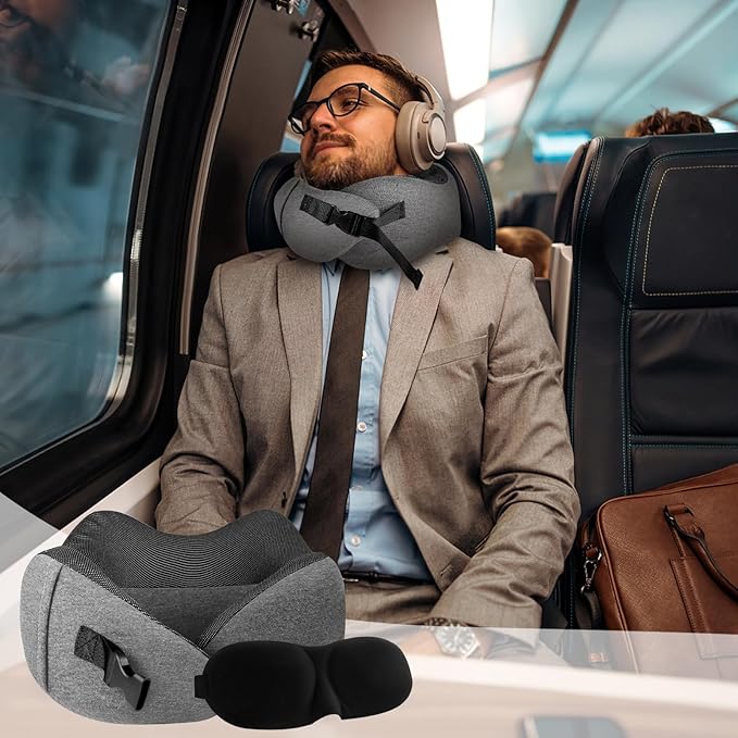 PORTHOLIC 2024 Upgraded Travel Neck Pillow with Buckle,100% Pure Memory Foam Travel Neck Pillow for Airplane Travel Flight Headrest Sleep, Portable Plane Accessories(Light Grey)