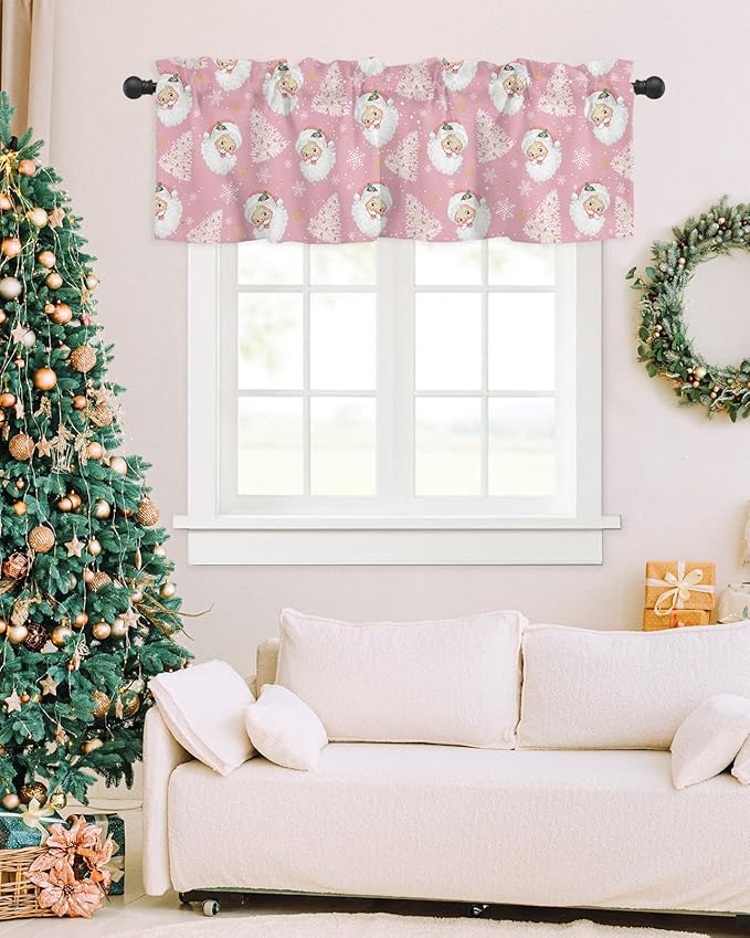 Pink Christmas Valance Curtains for Kitchen Windows Santa Claus Merry Christmas Tree Rod Pocket Window Treatment Toppers for Kitchen/Living Room/Bedroom/Bathroom, 60" X 18", Winter Snowflake