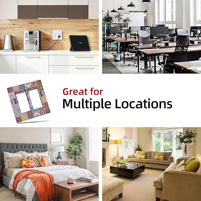 Morocco Talavera Mexican Tiles Printed Colroful Mandala 2 Gang Rocker Decora Light Switch Covers Dual Outlet Covers Wall Plate Decorative Switchplate Electrical Faceplate GFCI for Kitchen Bathroom