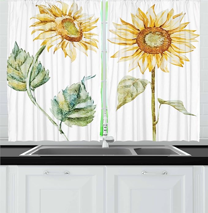 Ambesonne Watercolor Kitchen Curtains, Alluring Sunflowers Summer Inspired Design Agriculture, Window Drapes 2 Panel Set for Kitchen Cafe Decor, 55" x 36", Yellow Green