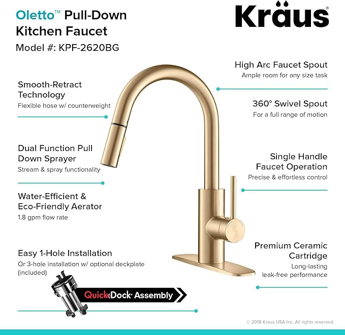 KRAUS Oletto Single Handle Pull Down Kitchen Faucet with QuickDock Top Mount Installation Assembly in Spot-Free Brushed Brass, KPF-2620BB