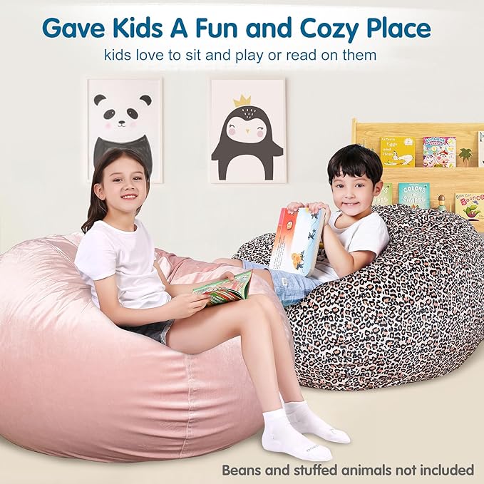 Lukeight Stuffed Animal Storage Bean Bag Chair Cover for Kids, Stuffed Animal Bean Bag Storage, Zipper Beanbag Chair Cover for Organizing Toddler and Kids' Rooms Plush Toys (Leopard Velvet, Large)