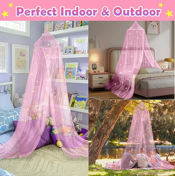 Daksha Pink Princess Bed Canopy for Girls with Glowing Stars, Ceiling Tent for Kids, Fits Twin, Full, and Queen Size Beds, Suitable for Indoor Room Decor and Outdoor Use
