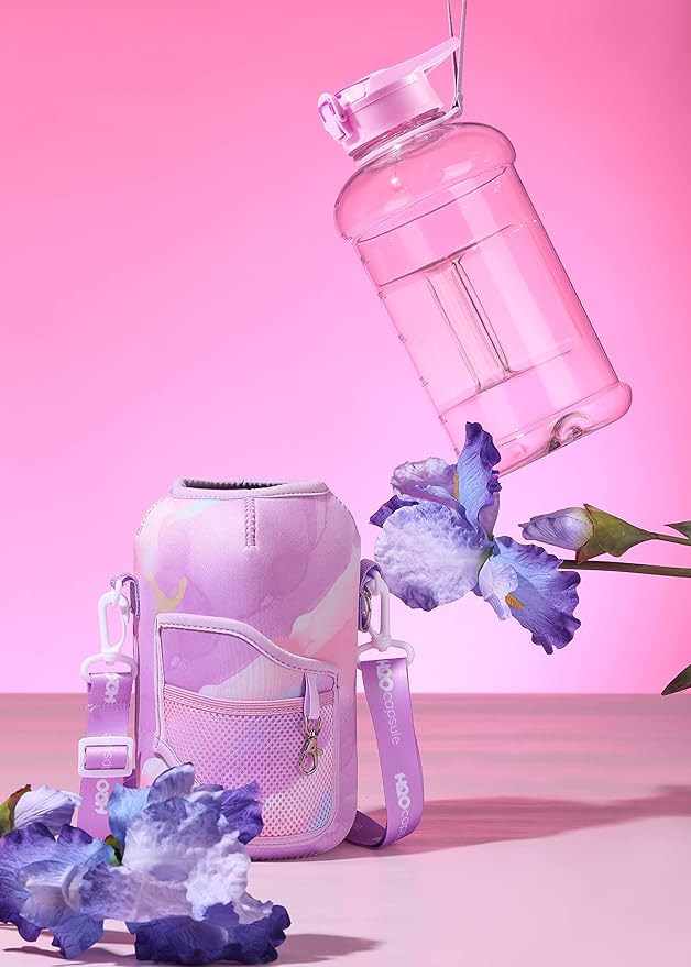 H2O Capsule 2.2L Half Gallon Water Bottle with Storage Sleeve and Removable Straw – BPA Free Large Reusable Drink Container with Handle - Big Sports Jug, 2.2 Liter (74 Ounce), Purple Tie Dye