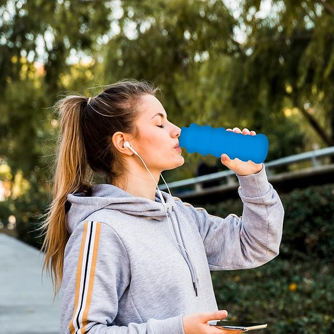 Collapsible Water Bottles 12oz, Odorless BPA-Free Silicone, Leak-Proof Foldable Reusable Bottle - Perfect for Travel Sports Gym Hiking Camping Cycling - Light Blue